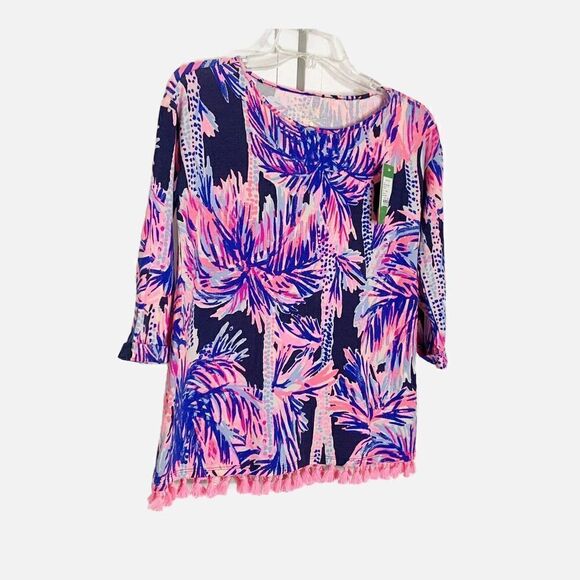 Lilly Pulitzer Mercer Top in Bright Navy Palms Up Reduced Tassel Blue Pink - XXS - Picture 4 of 12